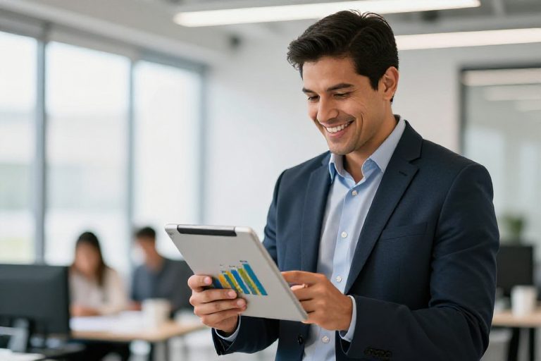 Business executive reviewing cost savings